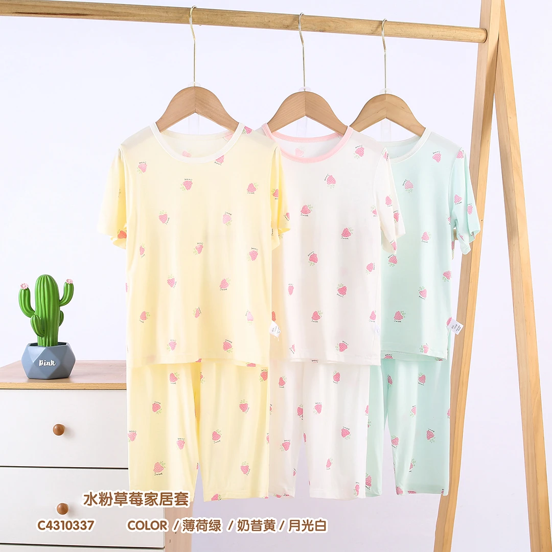 *水粉草莓家居套装女中小童睡衣两件套长袖C4310337