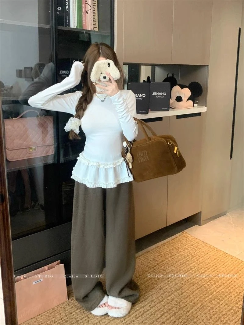 12芭蕾风花边T恤加绒修身显瘦内搭打底上衣春女叠穿温柔仙女气质