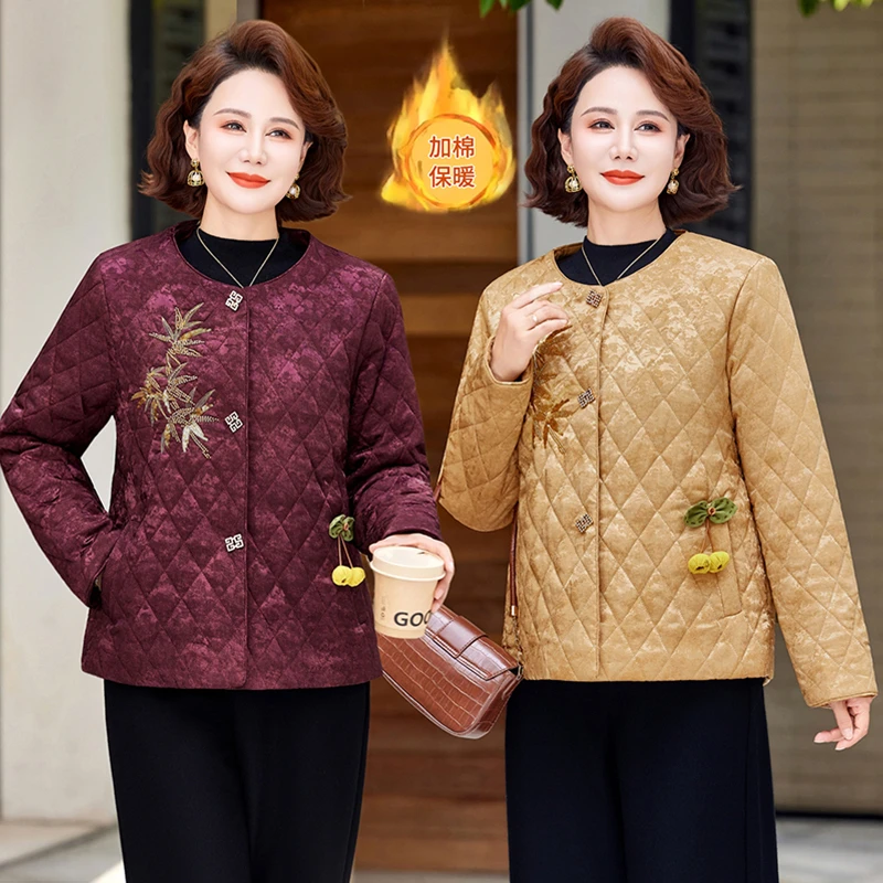 中老年女装棉服刺绣花短款新中式中年妈妈冬装棉衣轻薄款休闲外套