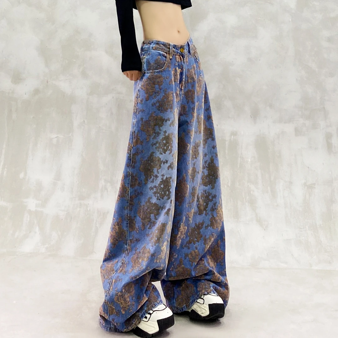 洋气花朵印花水洗休闲牛仔裤女秋新款高腰宽松显瘦百搭直筒阔腿裤