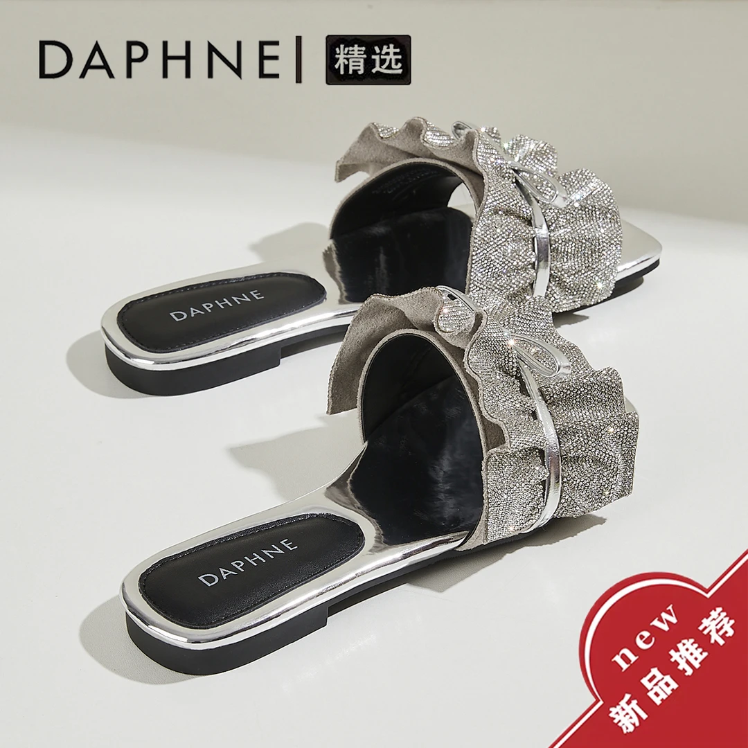 达芙妮蝴蝶结露趾一字拖女外穿2025夏季新款小香风水钻粗跟凉拖鞋