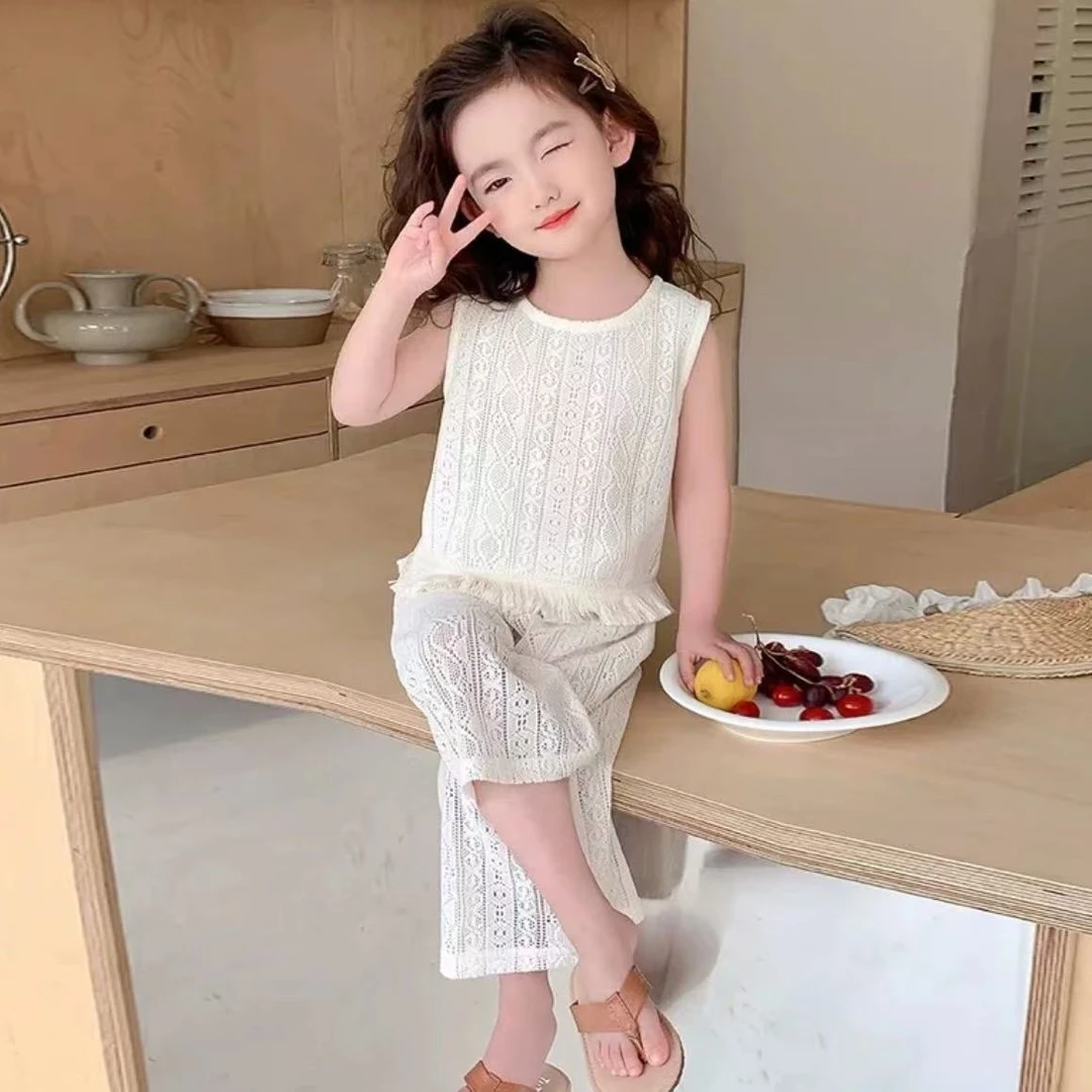 女童装2025夏装时尚镂空流苏套装女宝宝短袖裤子儿童SJ-R-B103