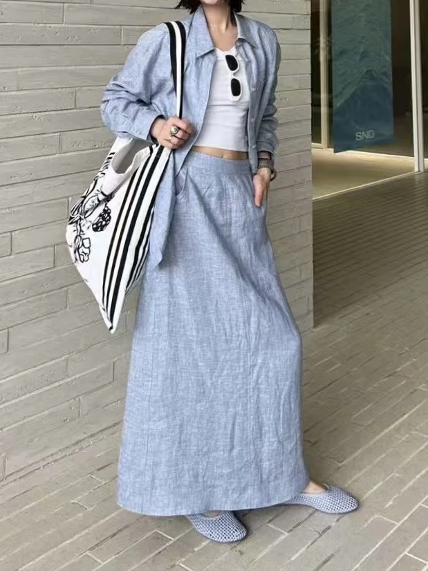 黄色亚麻衬衫半身裙套装轻薄舒适春季新款气质套装