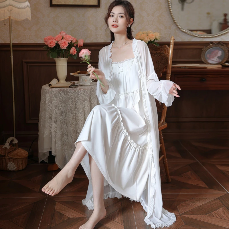 长袖睡袍女秋带胸垫吊带裙宫廷风睡衣法式网纱晨袍外穿家居服套装