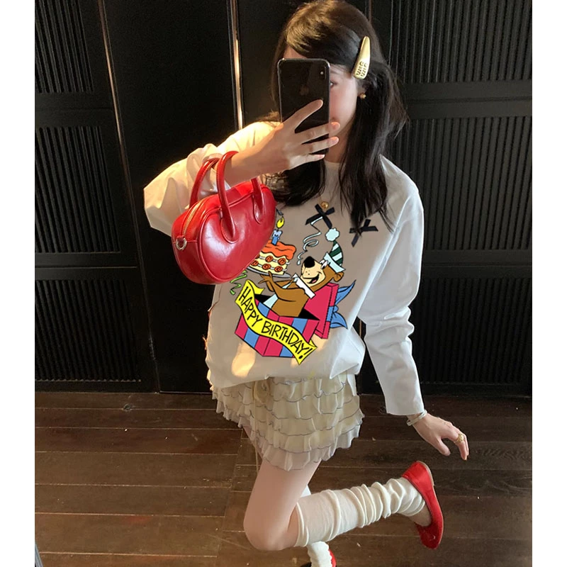 港味ins长袖纯棉t恤韩版休闲宽松大码女装蝴蝶结立体小熊上衣