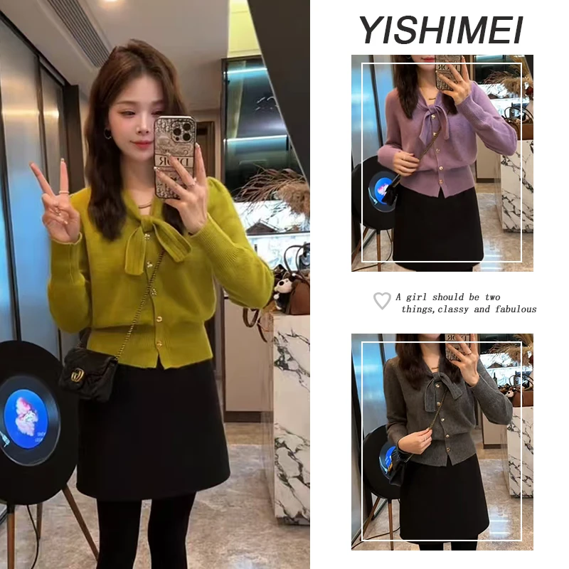 今年流行一整套2025年新款百搭气质长袖针织上衣高腰短裙两件套装