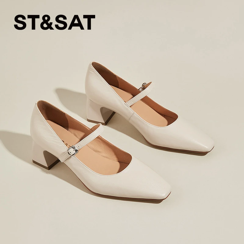 星期六2025春季新款方头粗跟高跟鞋浅口玛丽珍单鞋女鞋百搭小皮鞋