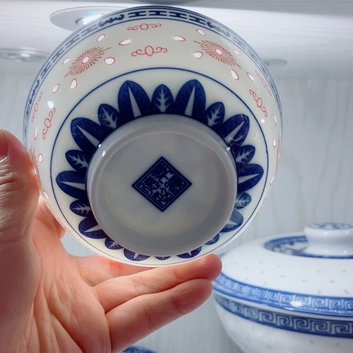 青花玲珑5寸饭碗红色玲珑兰花
