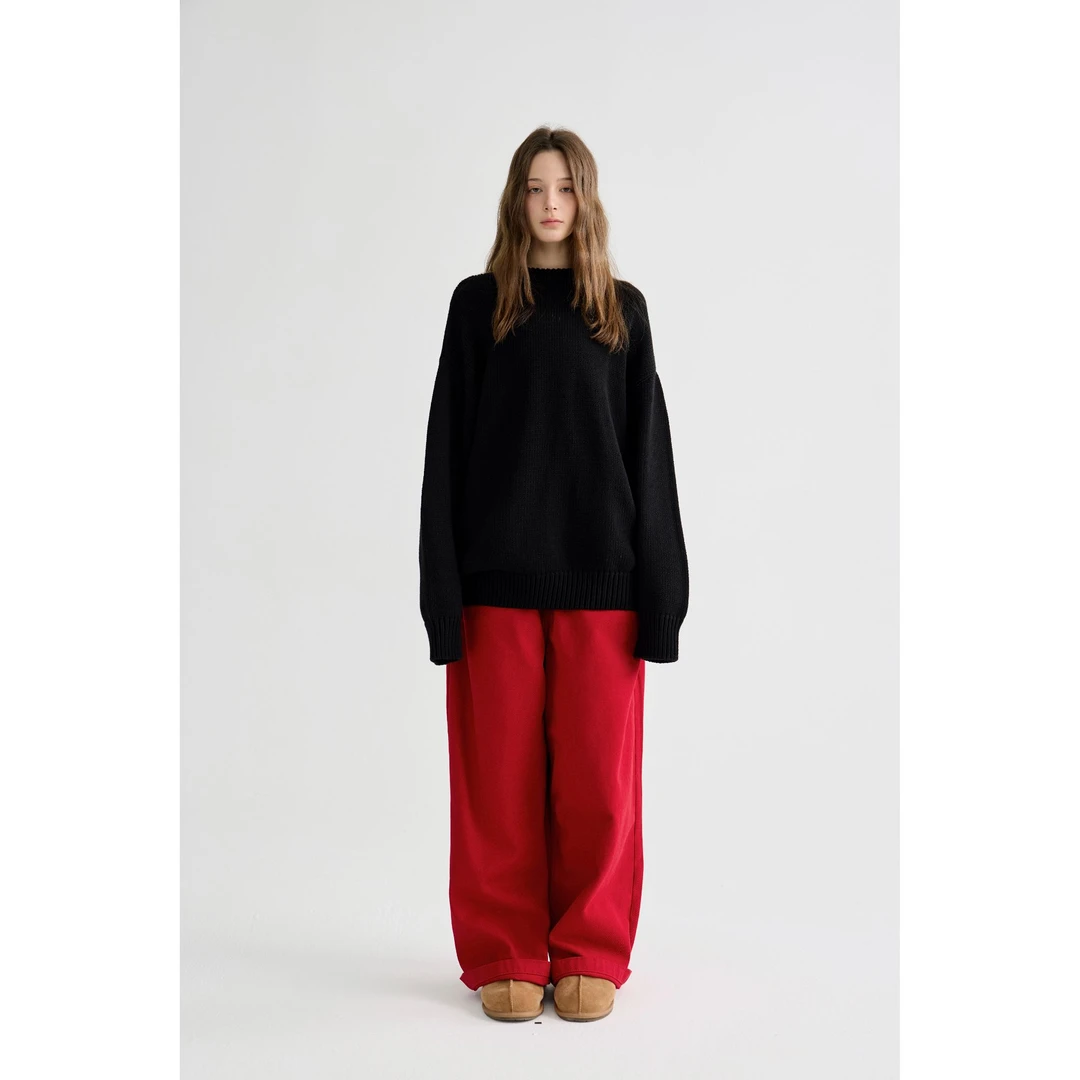 『PEACHZHOU』正红色洋气宽松休闲裤松紧腰松弛阔腿长裤