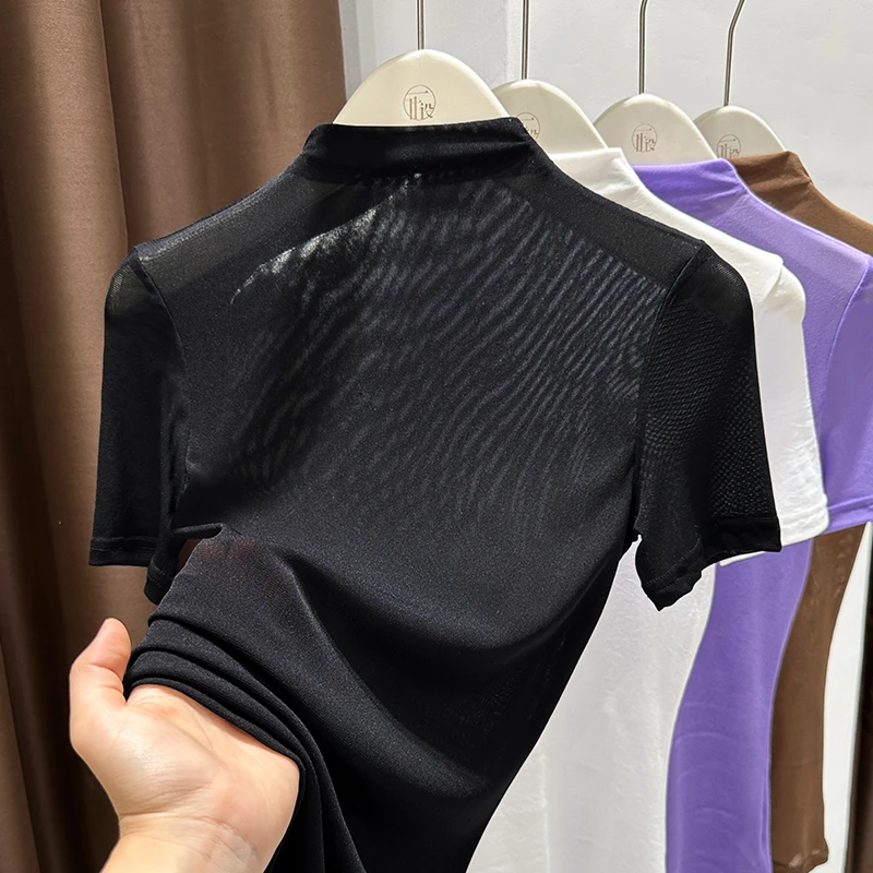 黑色镂空网纱打底衫女夏季新款叠穿高领上衣高级感纯欲内搭T恤薄