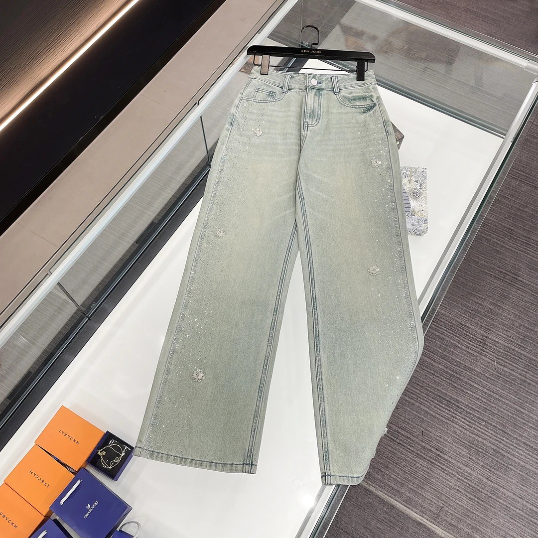 高腰钉珠显瘦显腿长阔腿百搭牛仔裤DY3103