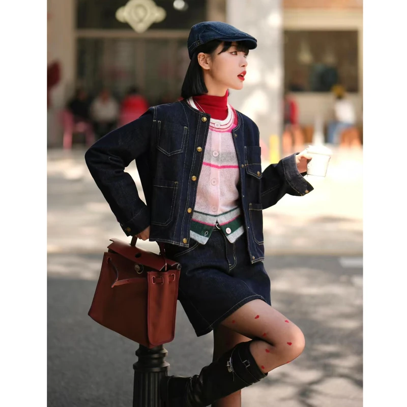 韩系复古撞色牛仔套装裙女春秋新款圆领短款外套显瘦半身裙两件套