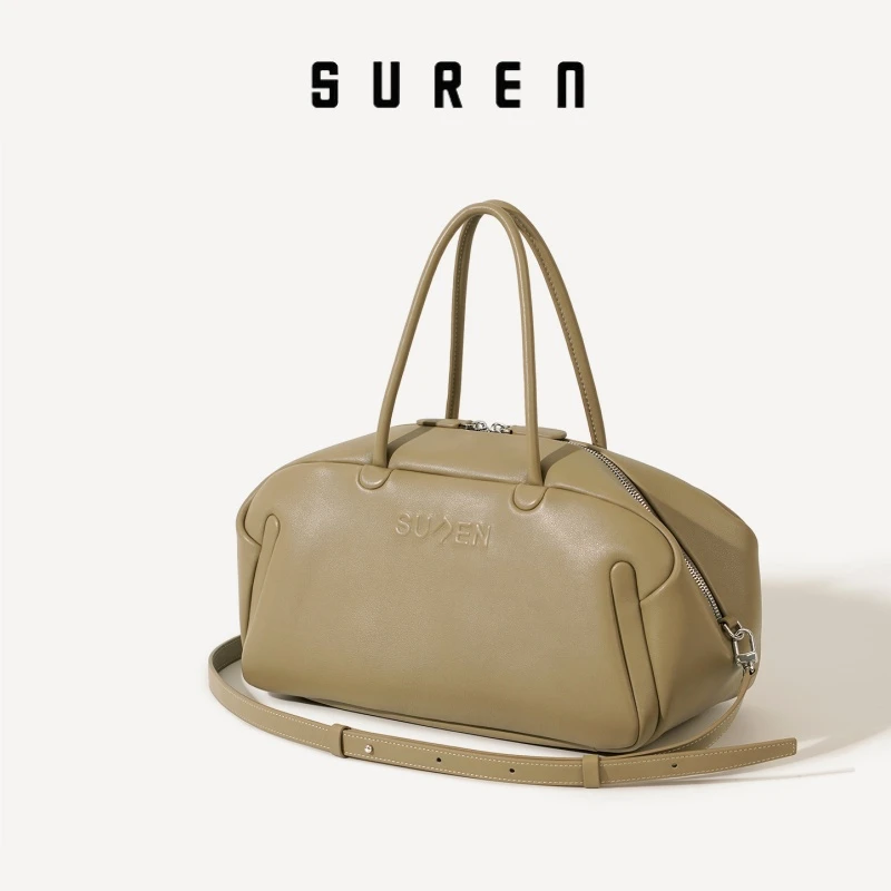 素人SUREN女士托特包枕头型保龄球包知识分子风牛皮手提包1494