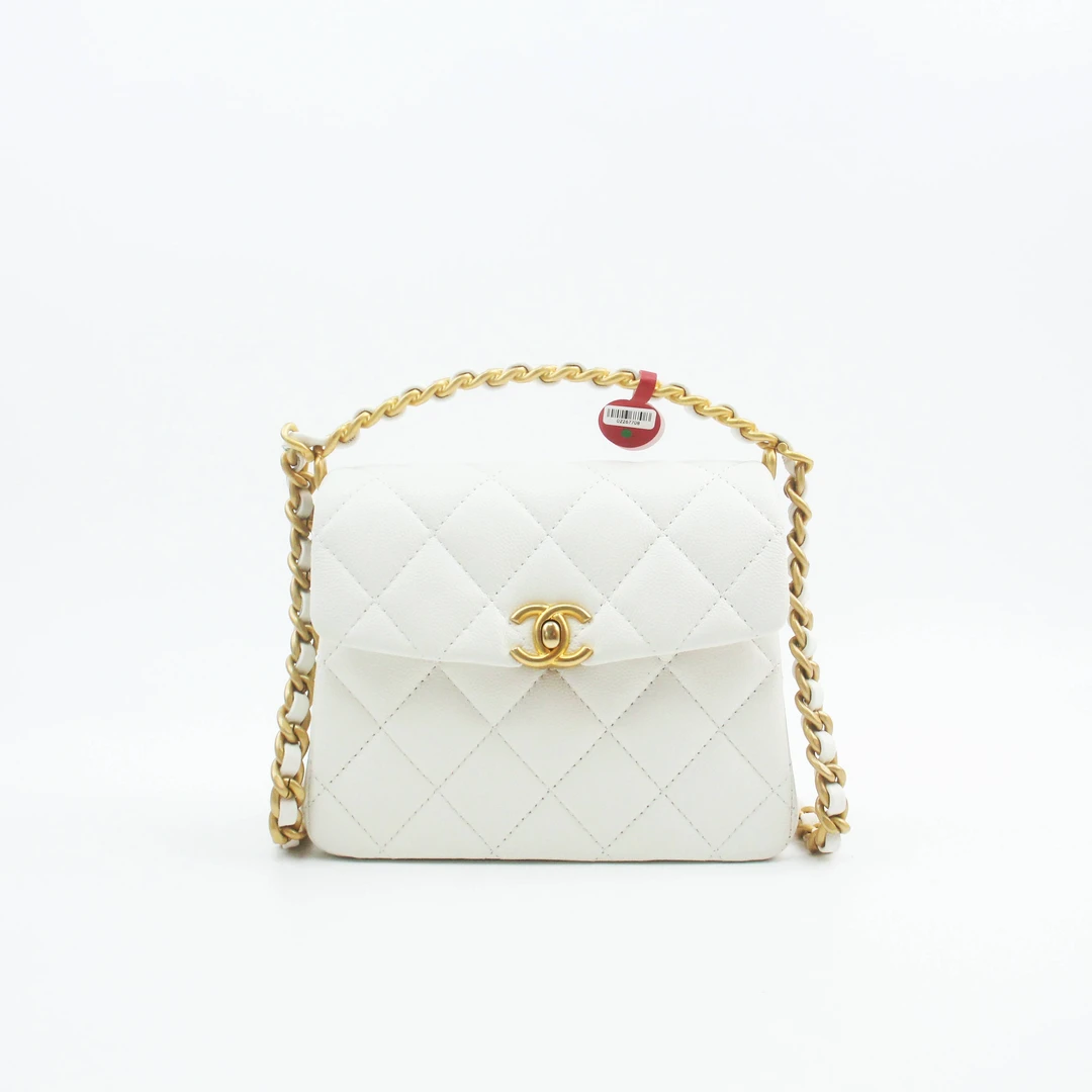95新 Chanel/香奈儿 80674B 24S白色金扣菱格手提单肩斜挎包