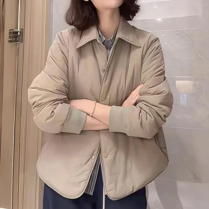 时尚休闲保暖潮流女棉衣ins长袖宽松韩版短款翻领纯色时髦棉服