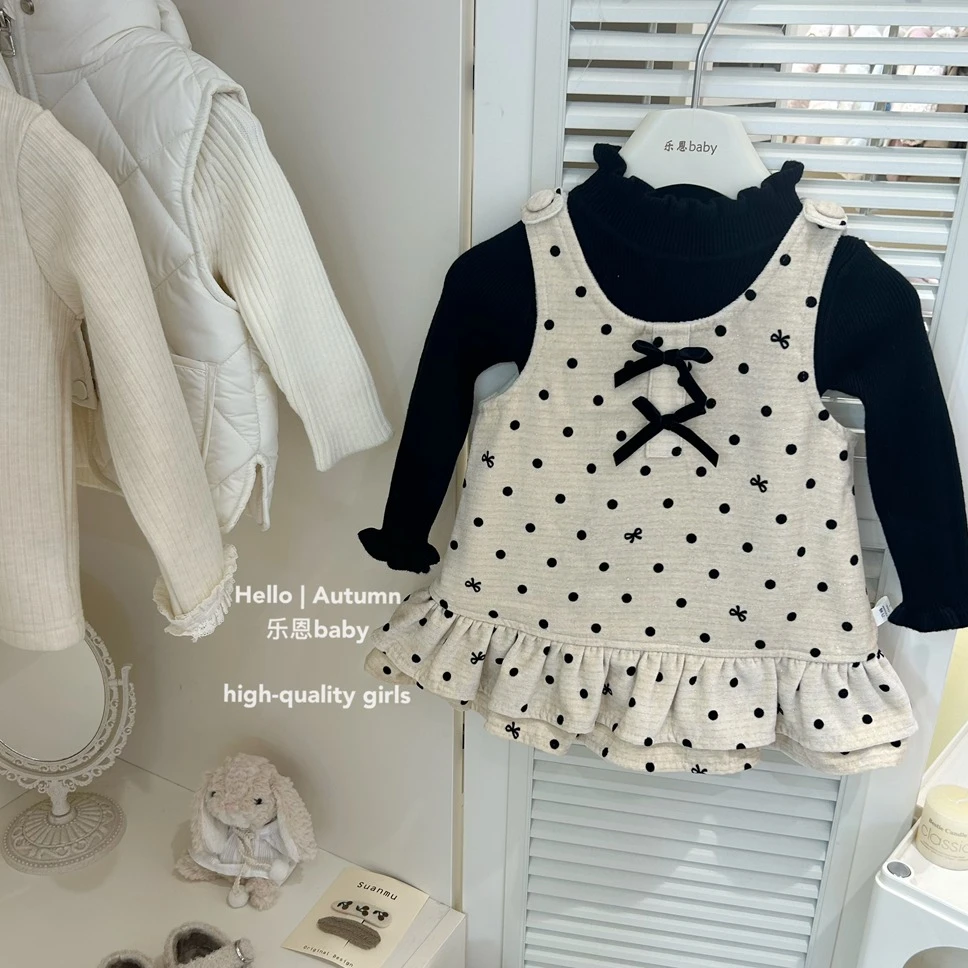 现货【乐恩童装】女童秋冬季新款米色波点背心加绒裙黑色毛衣两件套