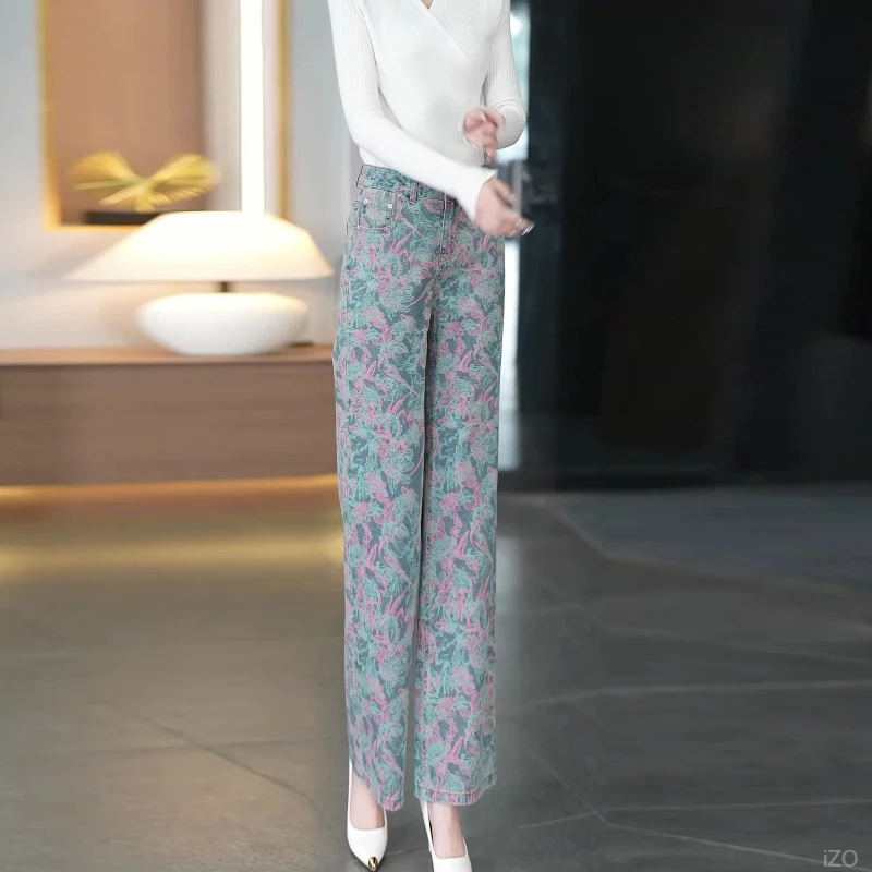 洋气印花阔腿牛仔裤女中年妈妈新款春秋女裤宽松直筒裤妈妈裤子秋