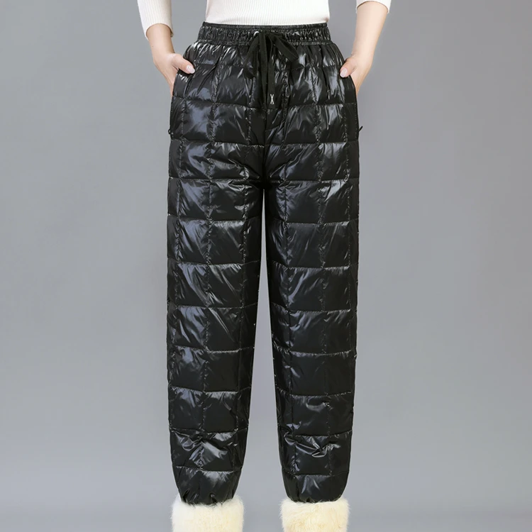 泡芙羽绒裤女新款纯色松紧腰拉链口袋加厚保暖防油防水束脚直筒裤