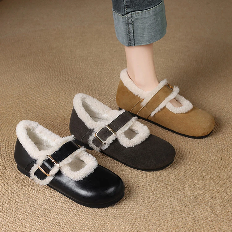 学院风一字扣带小圆头毛毛玛丽珍鞋百搭浅口外穿冬季保暖加绒单鞋