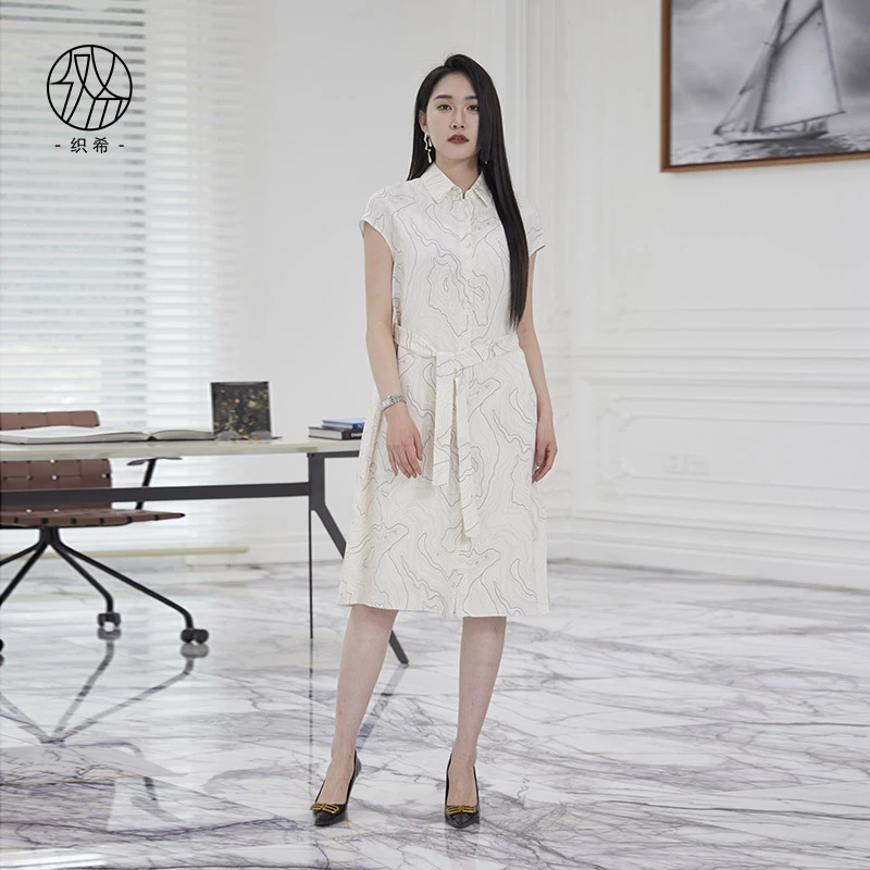 TESSITI｜春季新款通勤休闲线条感落肩袖衬衫领桑蚕丝连衣裙