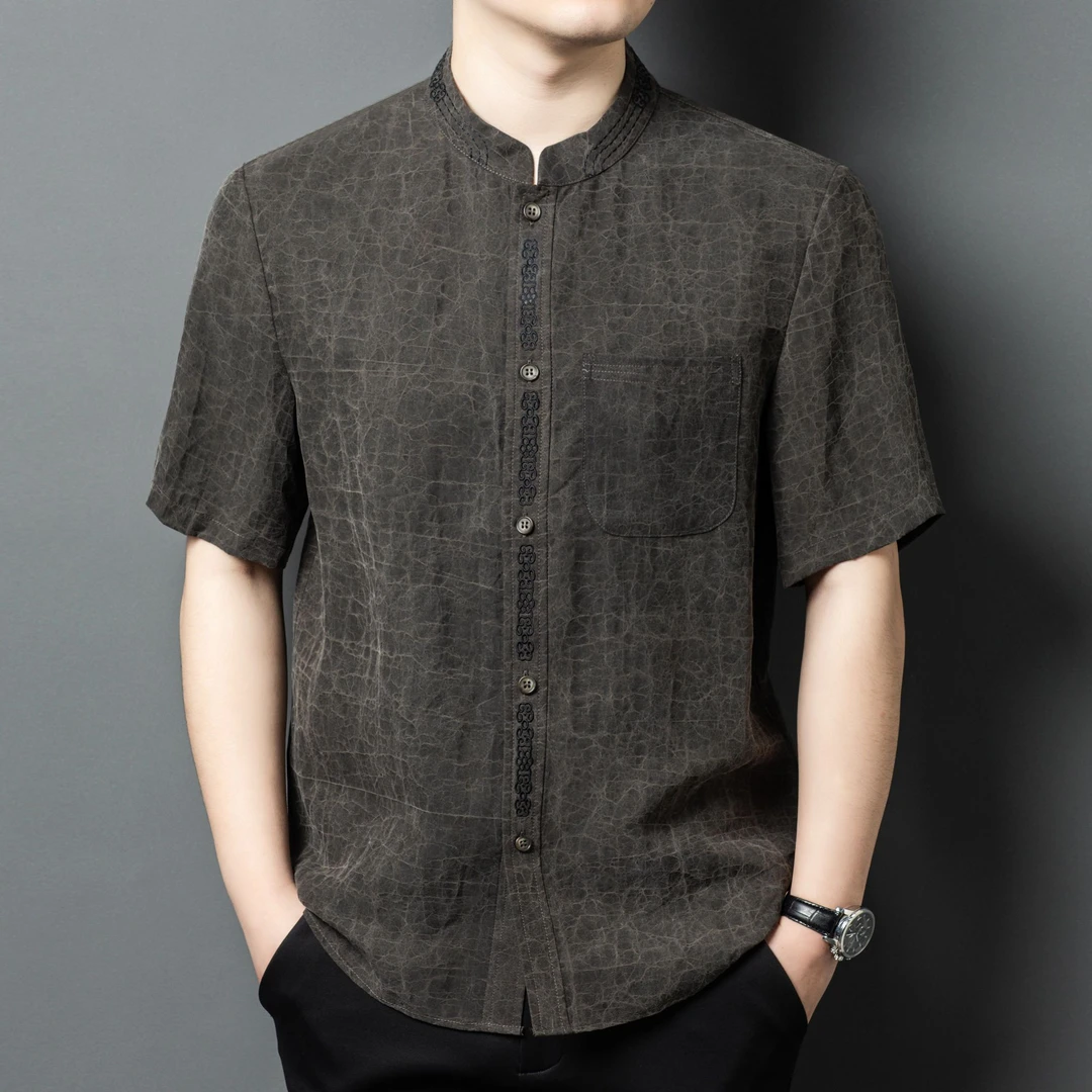 【非遗香云纱】高档唐装男短袖套装真丝100%桑蚕丝中年男中国风衬衫