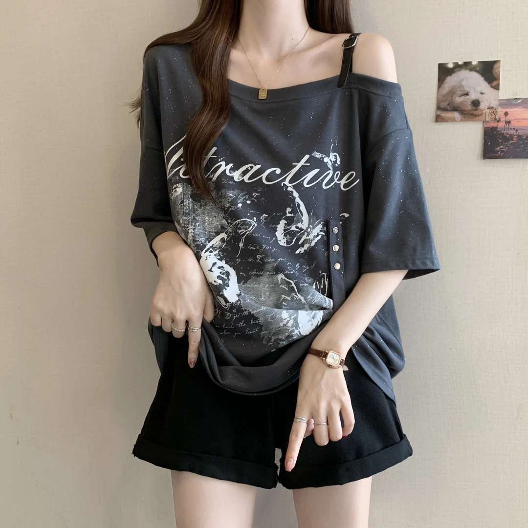 大码女装遮肉显瘦露肩短袖T恤女夏季胖MM遮肚子宽松印花美式上衣