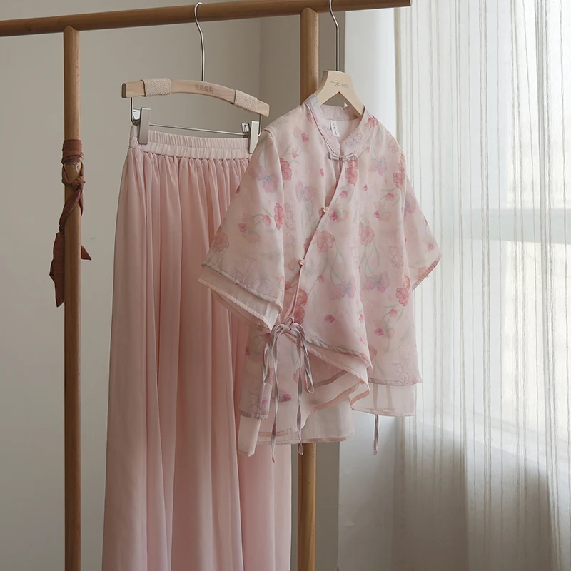 4507《花落逢君》2025夏季新款新中式短袖衬衫国风斜襟系带上衣