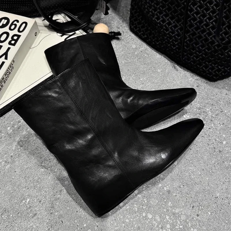 牛皮版~秋冬新款方头内增高套筒时装短靴女复古切尔西单靴马丁靴