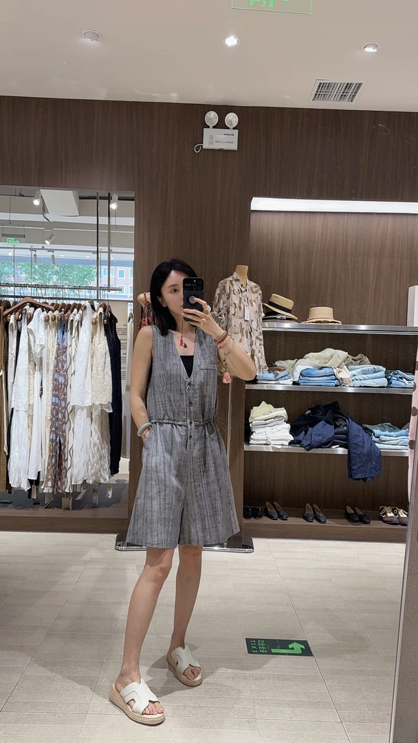 【天丝麻】天丝麻料连体女装短裤抽绳收腰显瘦背带裤子ETGB06325