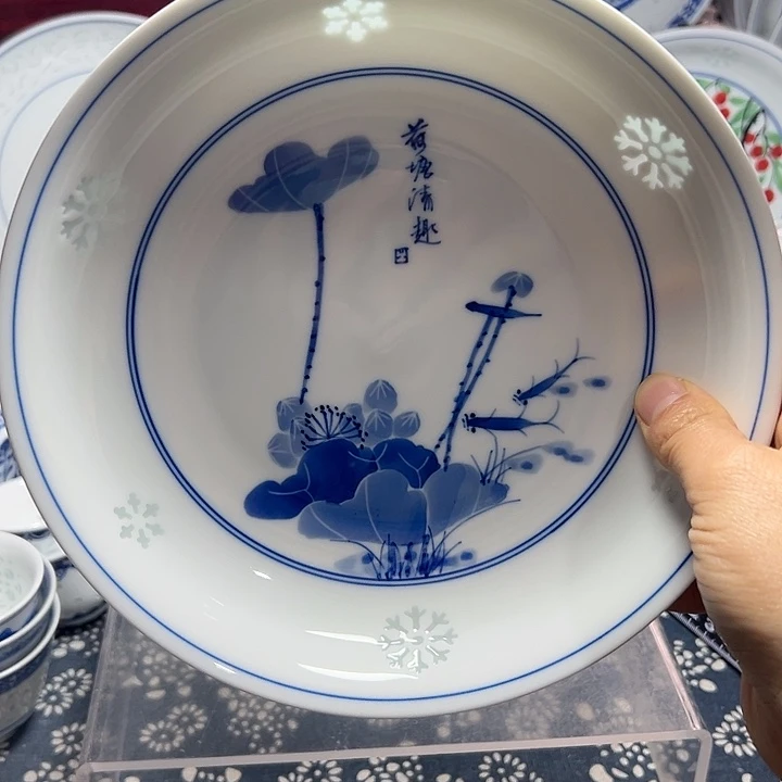 陶手绘雕刻8寸荷花盘子