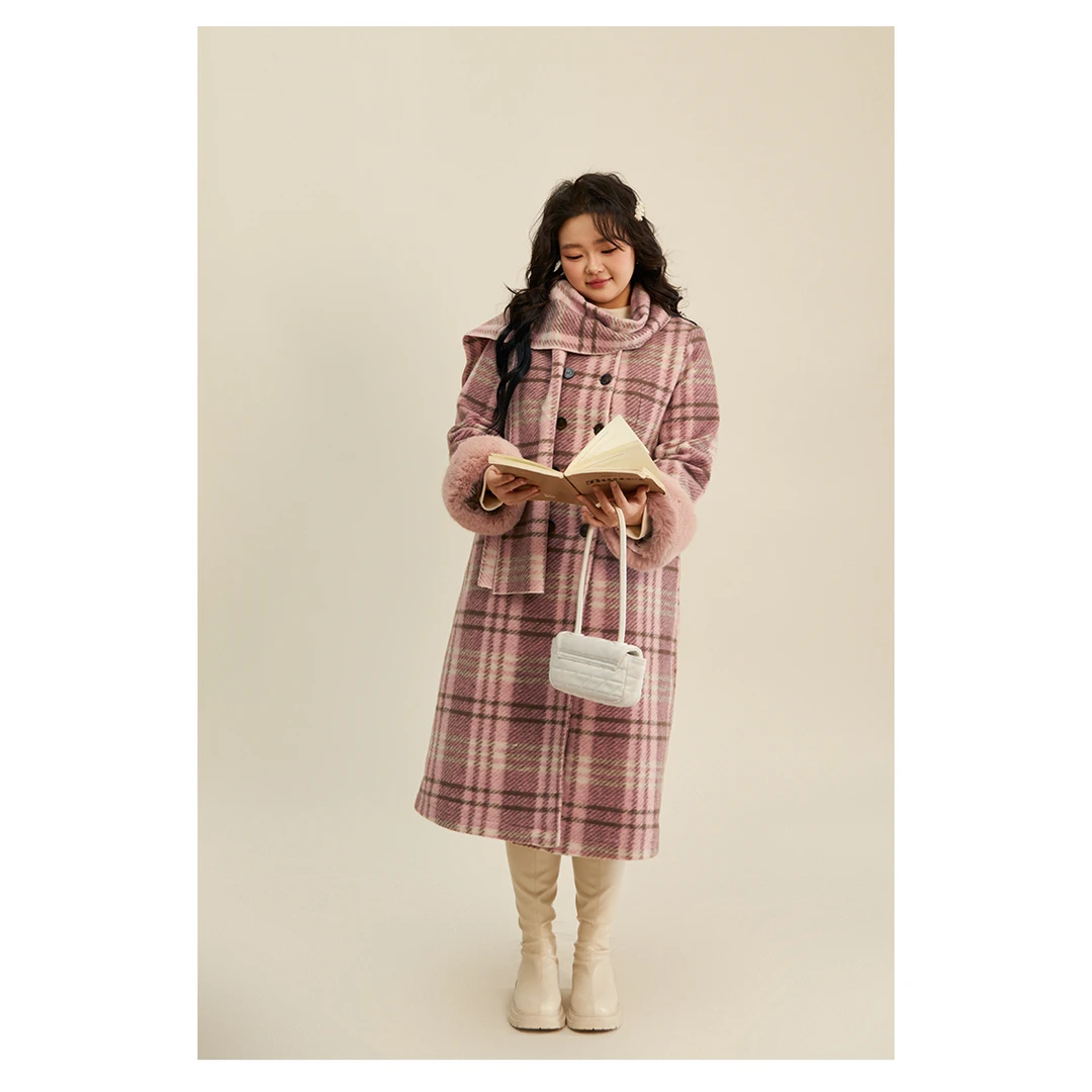 116-清冬季时尚穿搭百搭显瘦富家千金感粉格纹大衣外套3052