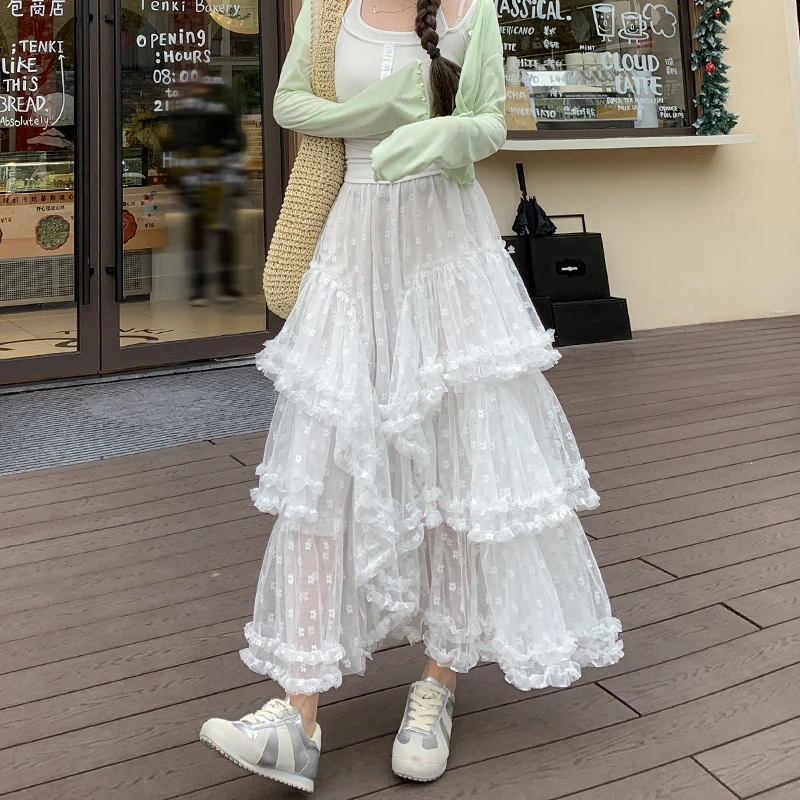 重工网纱蕾丝半身裙女2025年春秋不规则长裙松紧腰大裙摆中长裙潮