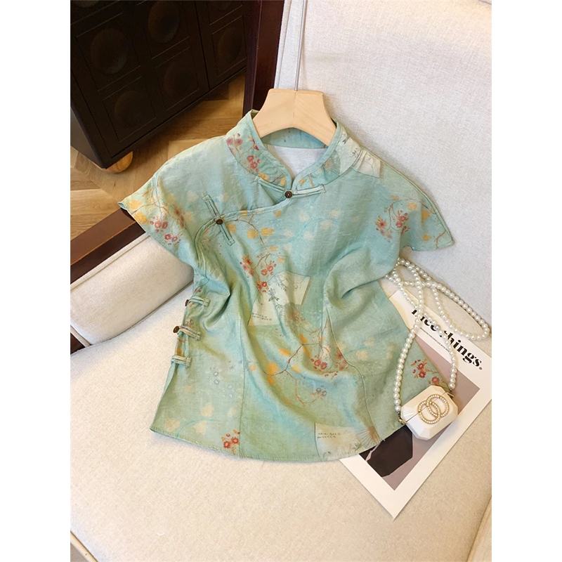 新中式绿色印花坎肩衬衫女夏2025民国风斜襟盘扣小衫旗袍领小上衣