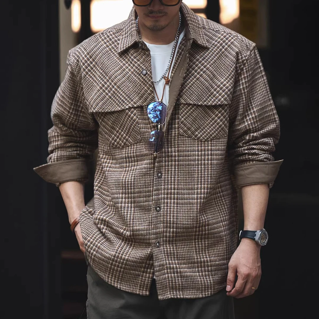 春秋季高端设计感仿羊毛混纺格子衬衫男士春秋款宽松叠穿衬衣外套
