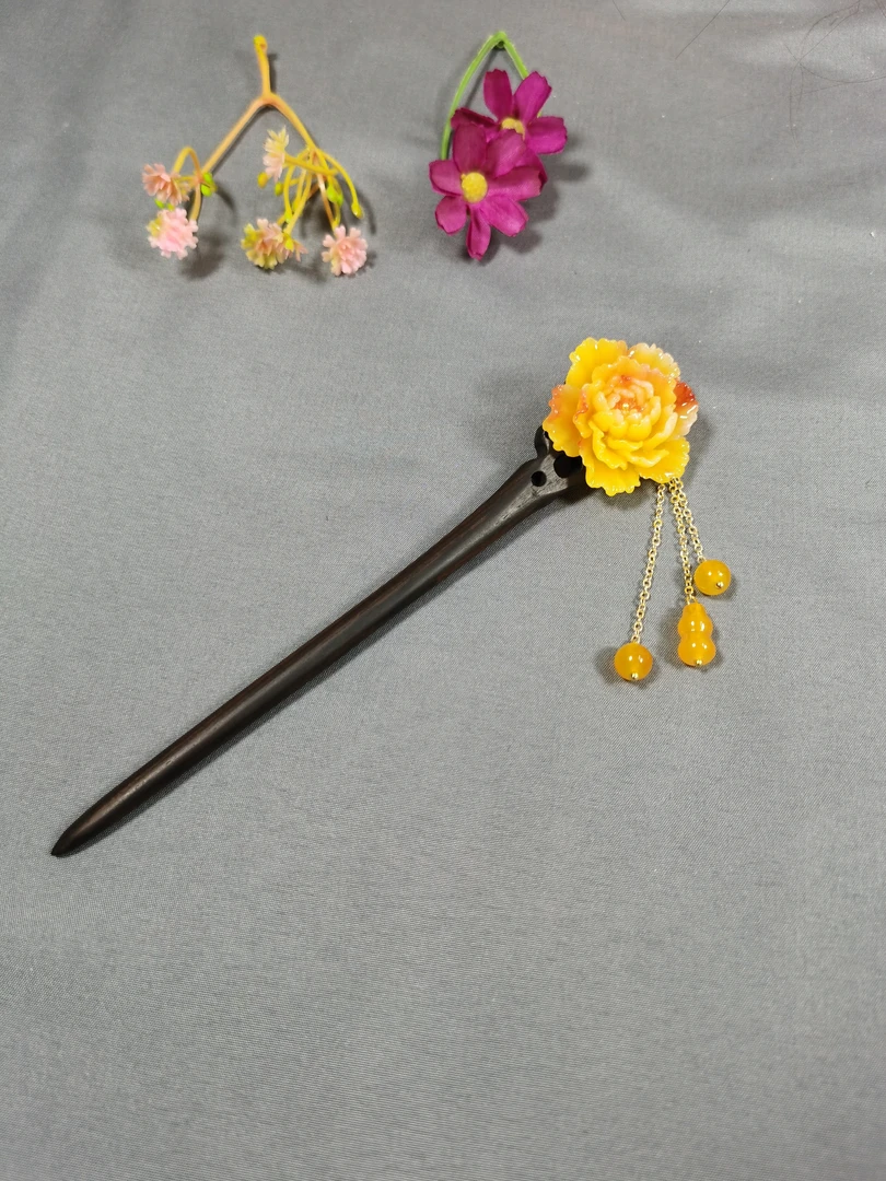 黑檀木发簪黄色牡丹花发饰头饰古风发簪簪子盘发簪步摇流苏发钗