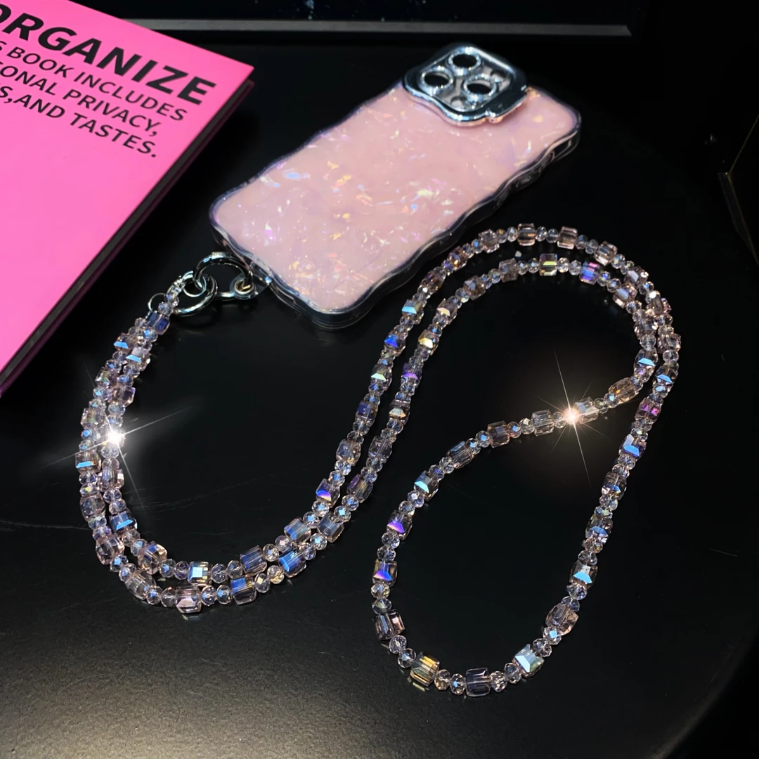 斜挎水晶串珠长款手机链 长款超闪风简约长款挂绳挂饰手机挂绳