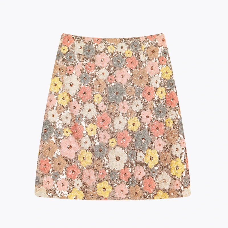小个子重工亮片小香风花朵刺绣半身裙女春夏甜酷辣妹显瘦a字包臀