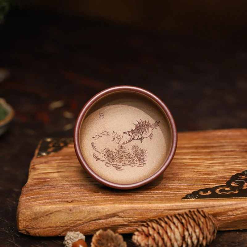 手工杯丨九斋精工粉浆系列  鳜鱼紫砂全手工主人杯