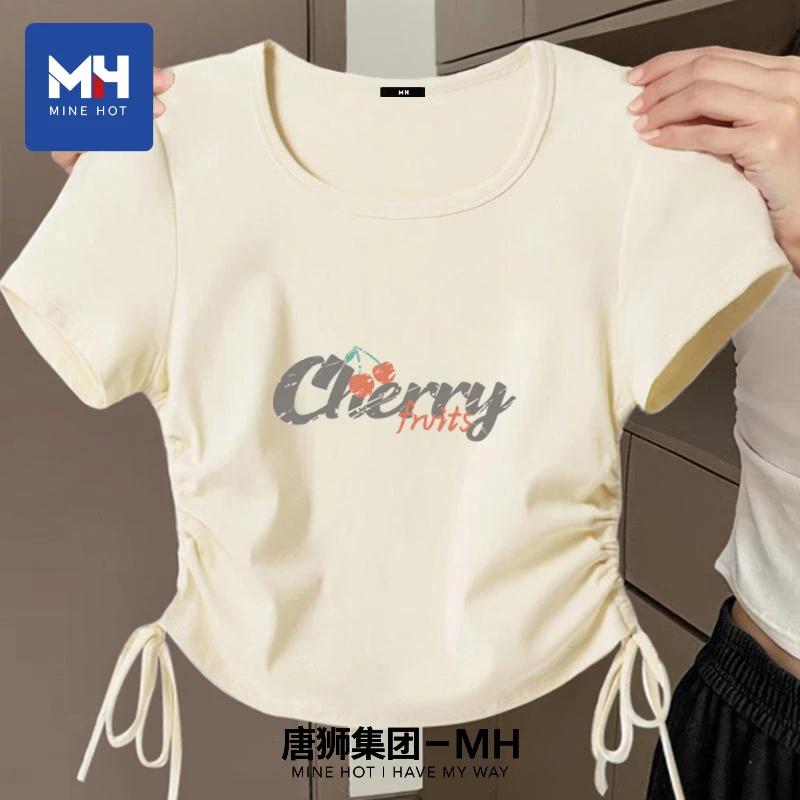 唐狮集团MH酒红色短袖女2025新款夏季休闲正肩半袖I抽绳掐腰上衣H