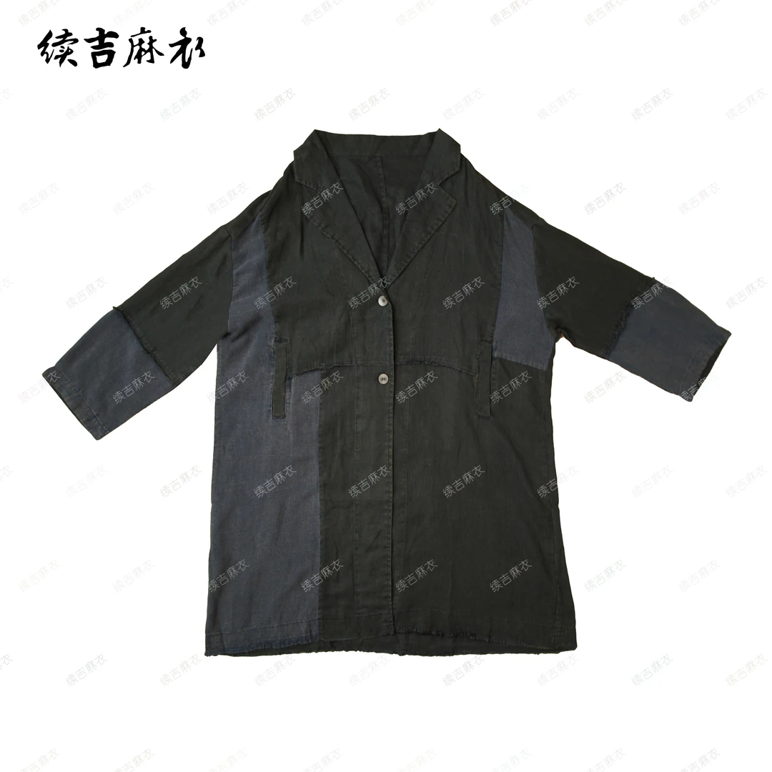 春-原创设计25-176【晚意】亚麻炒色拼接中长款西装领宽松风衣