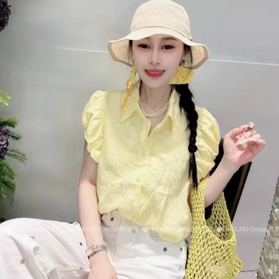 夏季法式甜美蓝色蕾丝拼接白色泡泡袖衬衫慵懒风女装