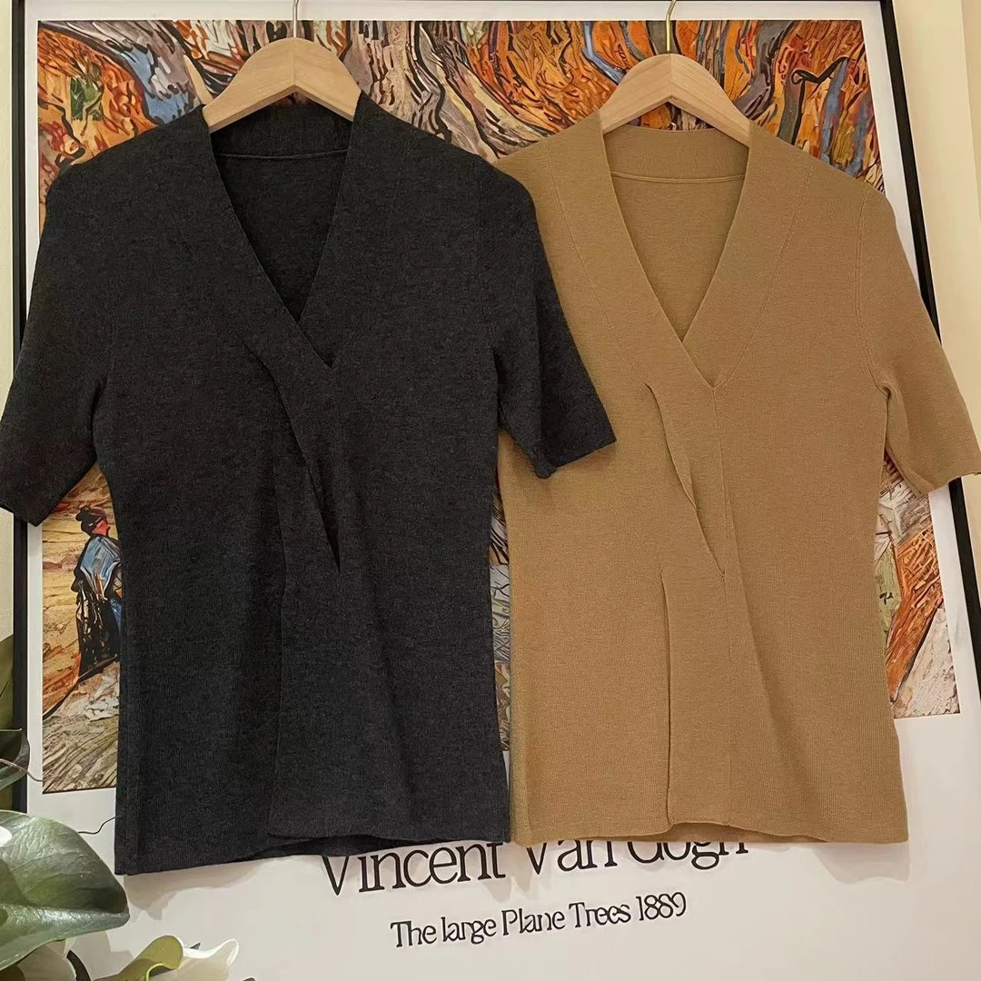 VV&AA 新款韩版交叉修身显瘦百搭短袖V领弹力针织衫  GD3283