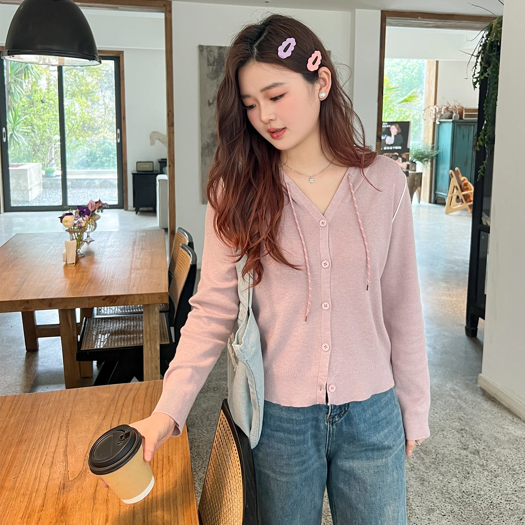 【春季新品】大码百分百显瘦宽松正肩慵懒毛衣连帽针织开衫L22839