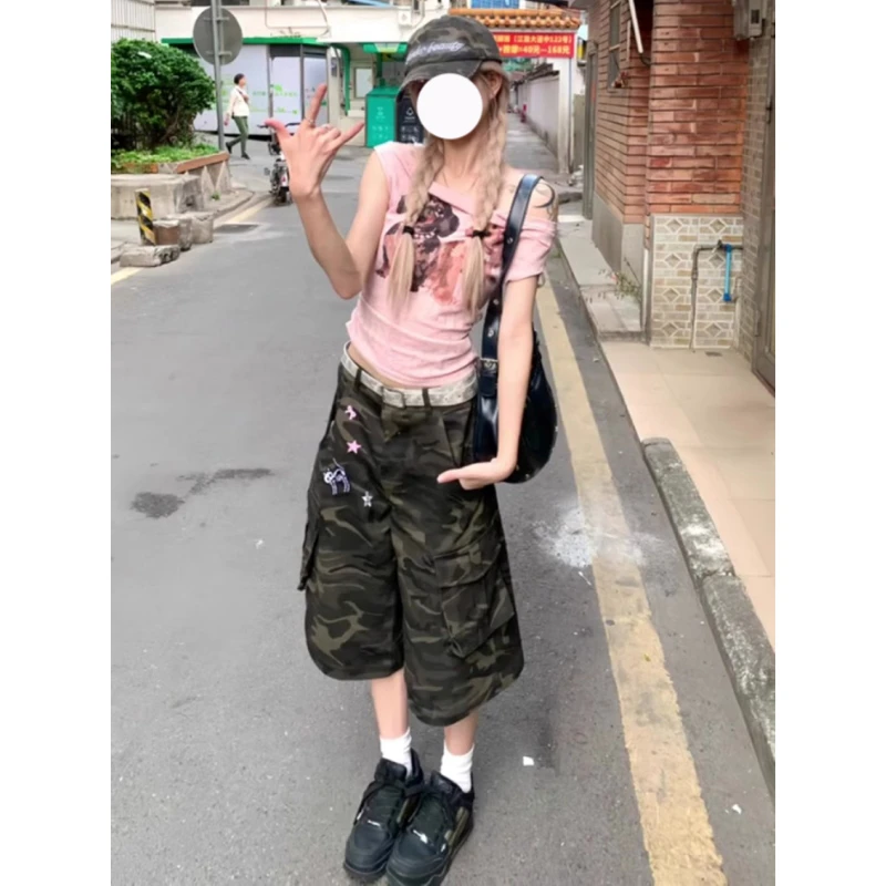 大码美式复古迷彩工装牛仔裤女2025夏季新款多口袋直筒阔腿七分裤