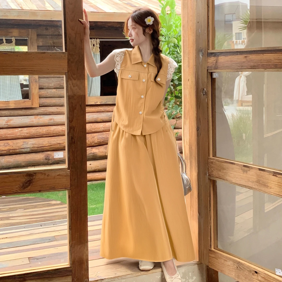 C【两件套】小香风花边橘色衬衫半身裙夏季爆款甜美俏皮两件套D2564