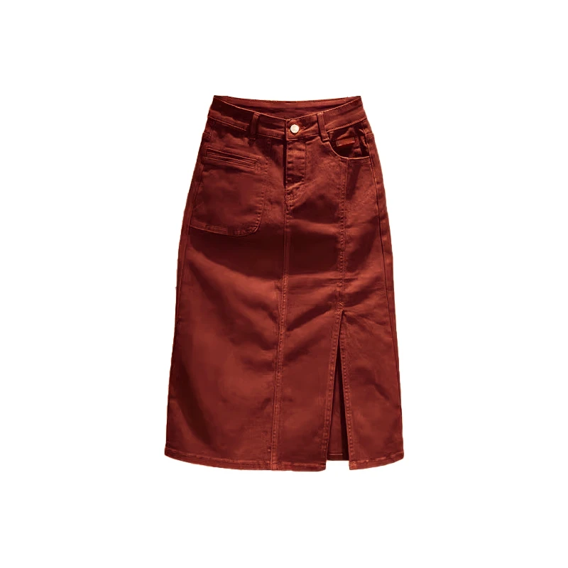 牛仔半身裙女春秋酒红色高腰显瘦侧开叉a字中长款美式工装包臀裙