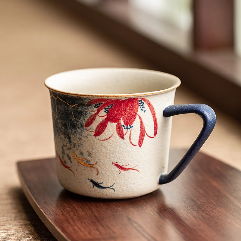 青花火石红陶瓷咖啡杯描金手绘荷韵锦鲤拿铁杯精致下午茶杯子水杯