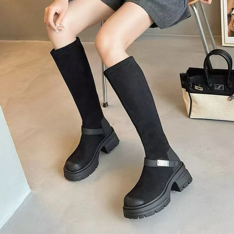 C5112 黑色绒里 时尚粗跟圆头高筒女长靴气质显瘦弹力靴