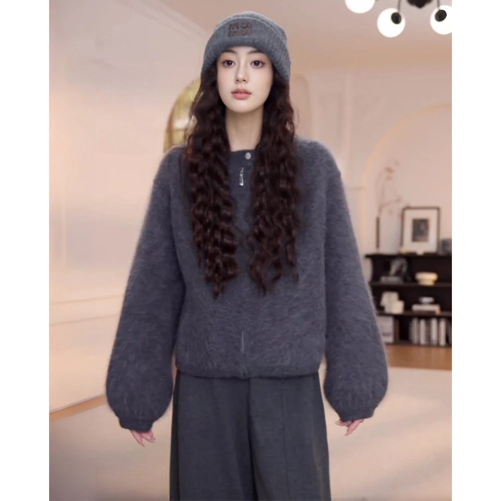 秋冬新款时尚复古加厚长袖慵懒风毛针织衫女圆领拉链开衫毛衣外套