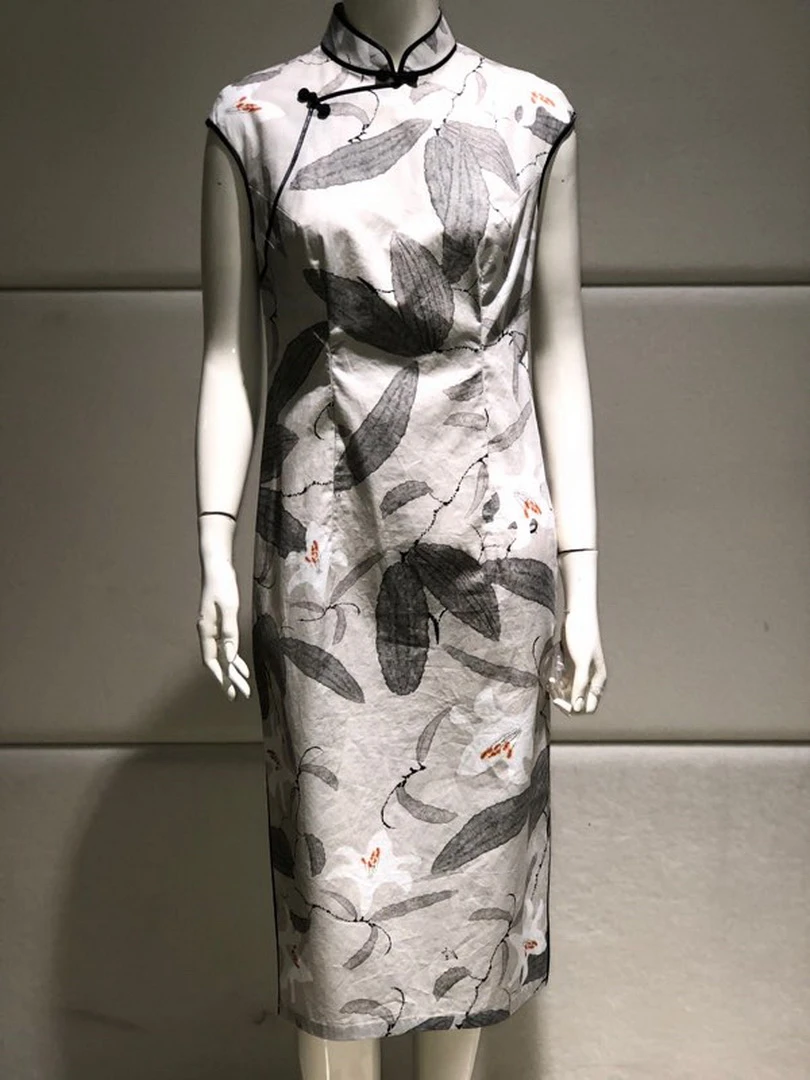 凤禧经典水墨风竹叶旗袍长裙前短后长旗袍连肩袖日常旗袍花色气质